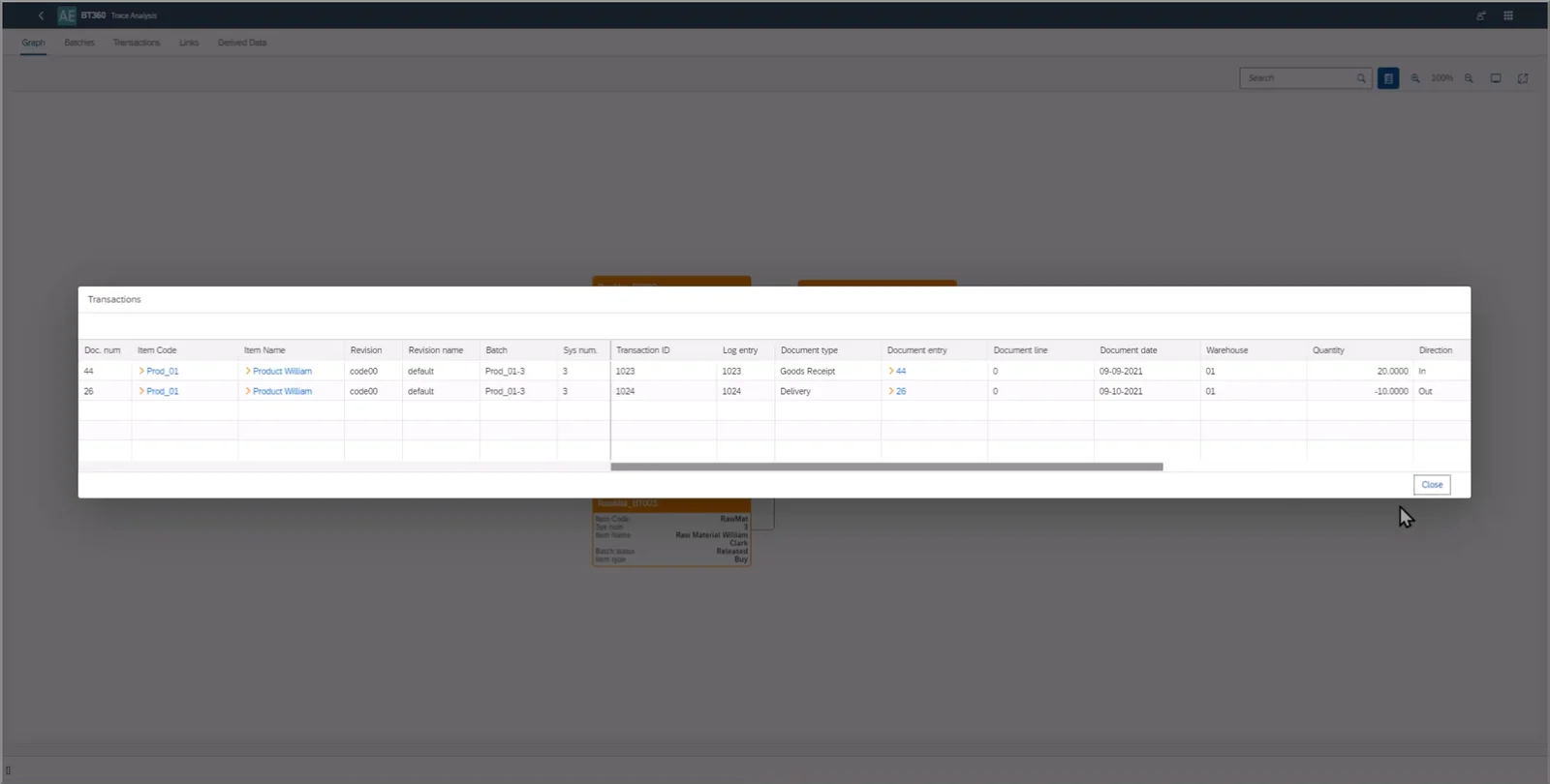 Batch Traceability 360 Transactions window showing a Goods Receipt and a Delivery for one batch