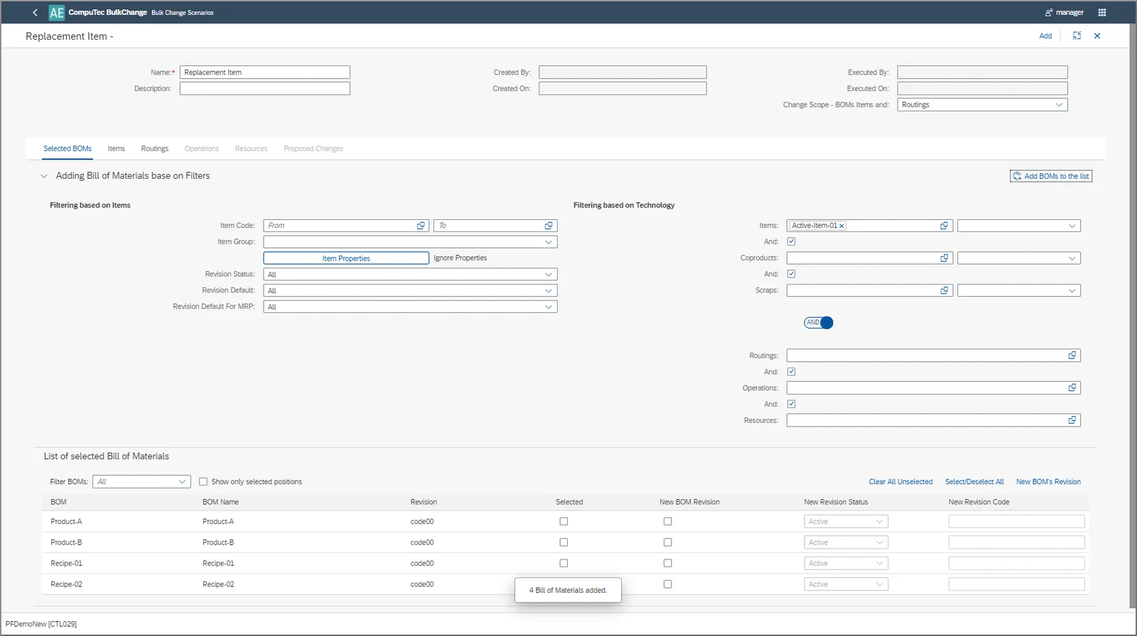 CompuTec BulkChange scenario filtering Bills of Materials by item and technology, with the list of selected BOMs