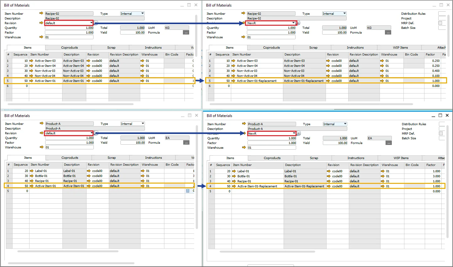 Two Bills of Materials side by side before and after the item was replaced in a new revision