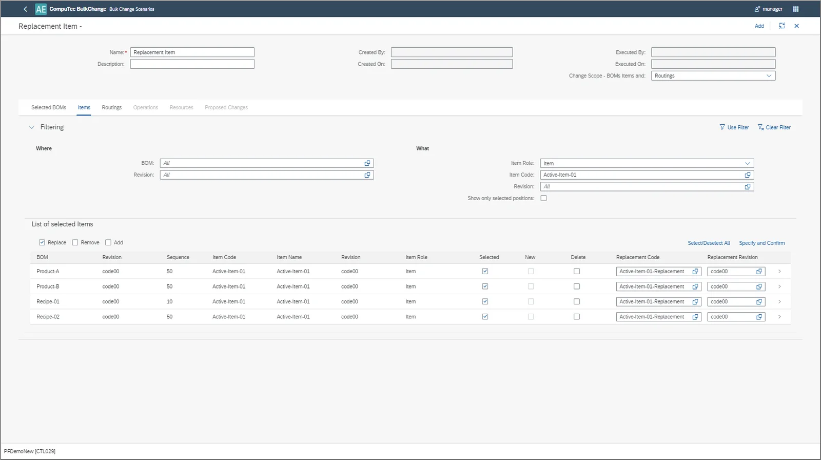 CompuTec BulkChange Items tab with one item selected for replacement across four Bills of Materials