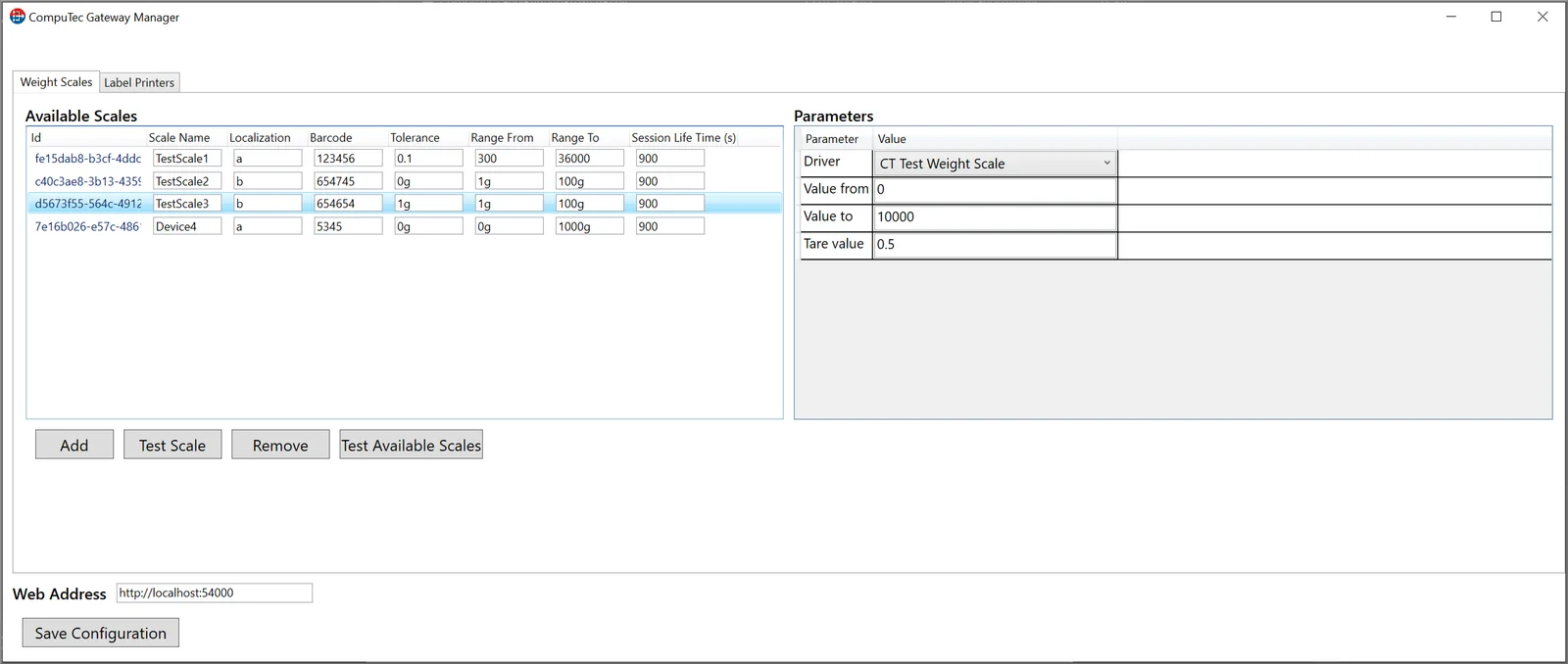CompuTec Gateway Manager listing available weight scales with tolerance and range settings