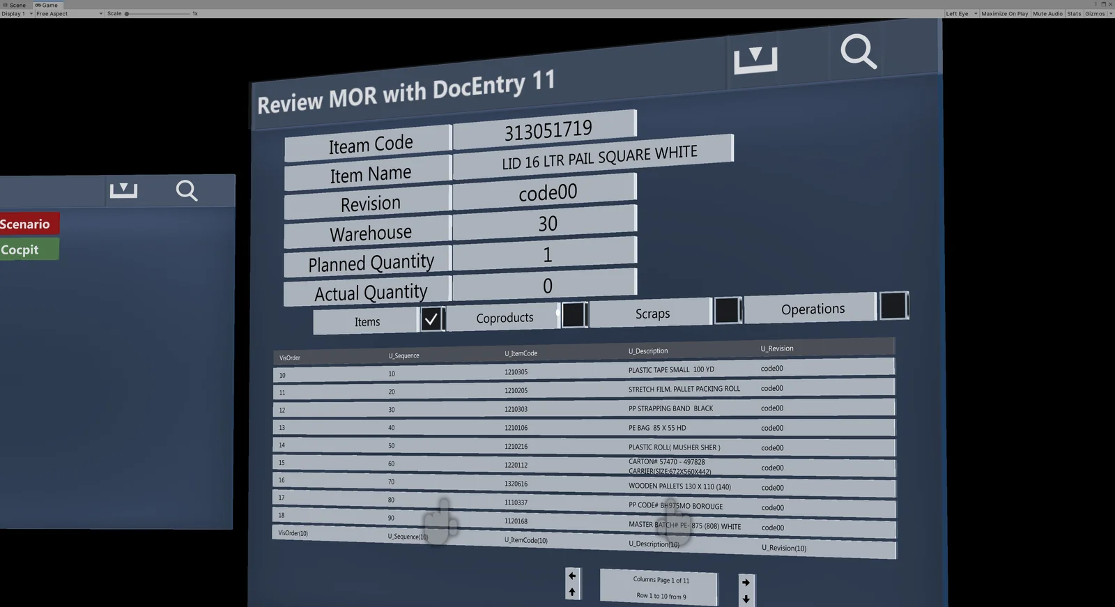 CompuTec Holo prototype panel reviewing a Manufacturing Order with its item, quantities, and component list