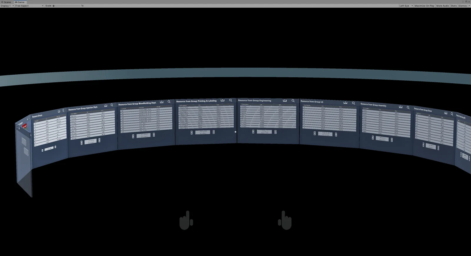 CompuTec Holo prototype information cage with a curved row of panels listing resources by resource group