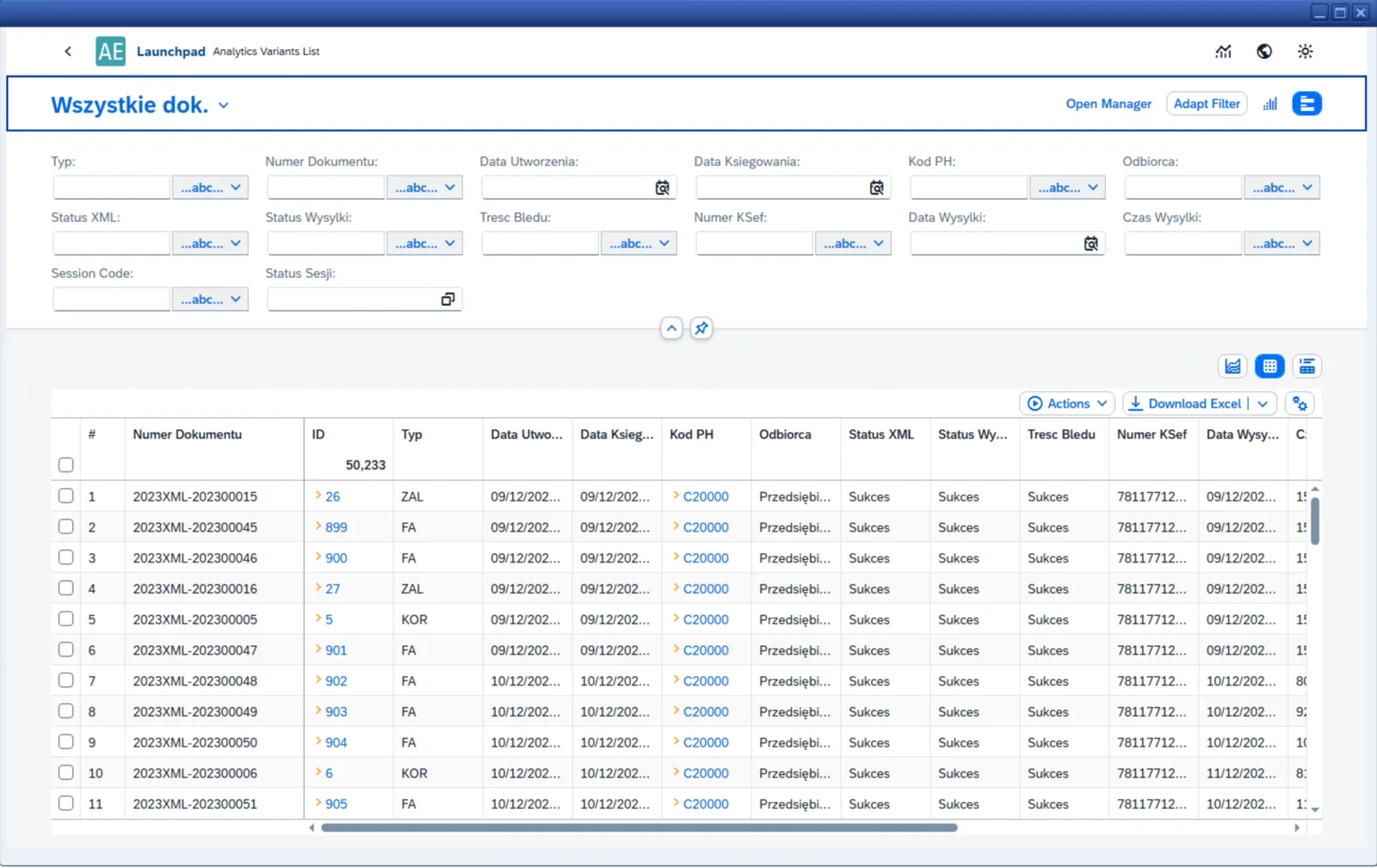 CompuTec KSeF document list with XML status, sending status, and KSeF number for each invoice
