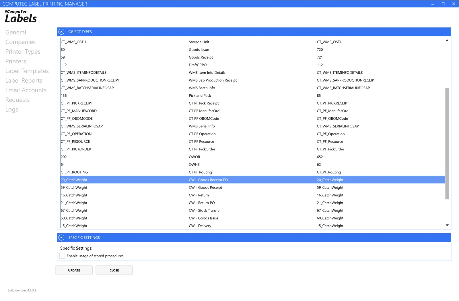 CompuTec Label Printing Manager object types list with catch weight objects such as CW - Goods Receipt PO and CW - Delivery