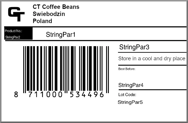 Product label template for coffee beans with an EAN barcode, product number, storage instruction, best-before date, and lot code