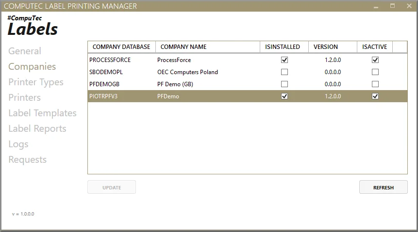 CompuTec Label Printing Manager Companies view listing several SAP Business One company databases with installed and active flags