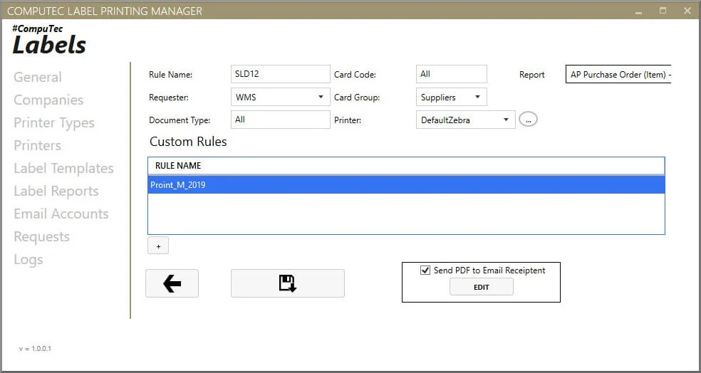 CompuTec Label Printing Manager custom printing rule by requester, card group, document type, and printer, with PDF email option