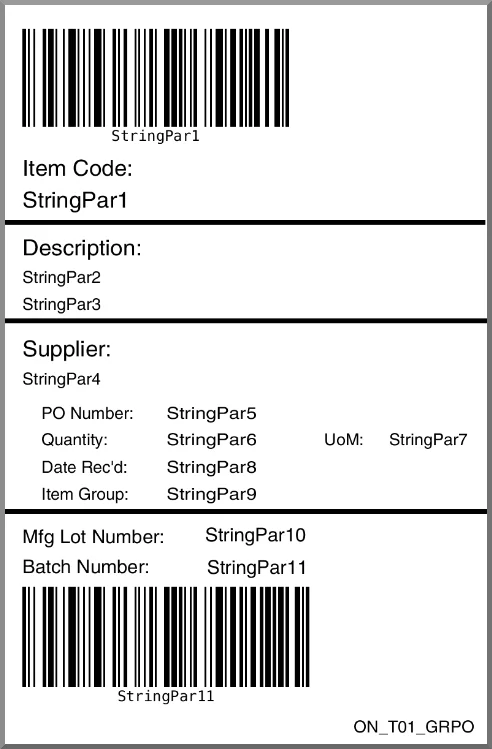 Goods receipt label template with item code, description, supplier, PO number, quantity, batch number, and barcodes