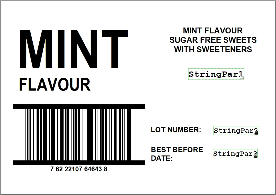 Product label template for mint-flavored sugar-free sweets with a barcode, lot number, and best-before date