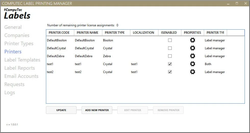 CompuTec Label Printing Manager printer list with Bixolon, Crystal, and Zebra printer types