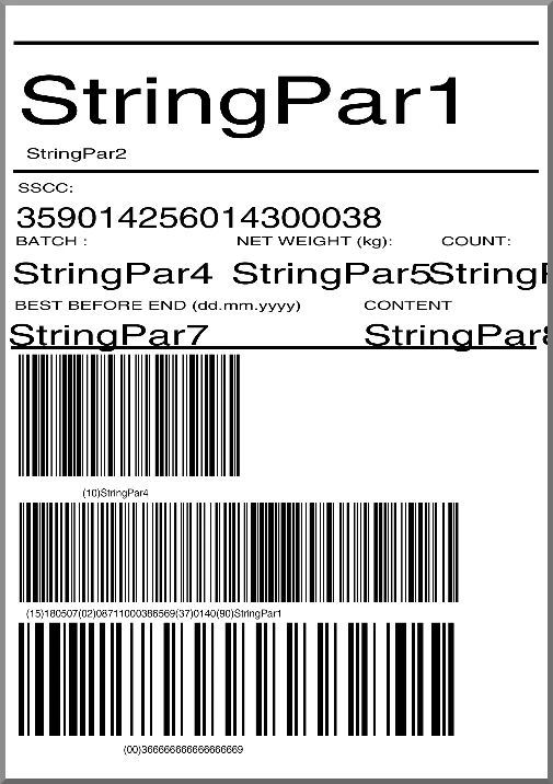 Logistics label template with SSCC, batch, net weight, count, best-before date, and GS1-128 barcodes