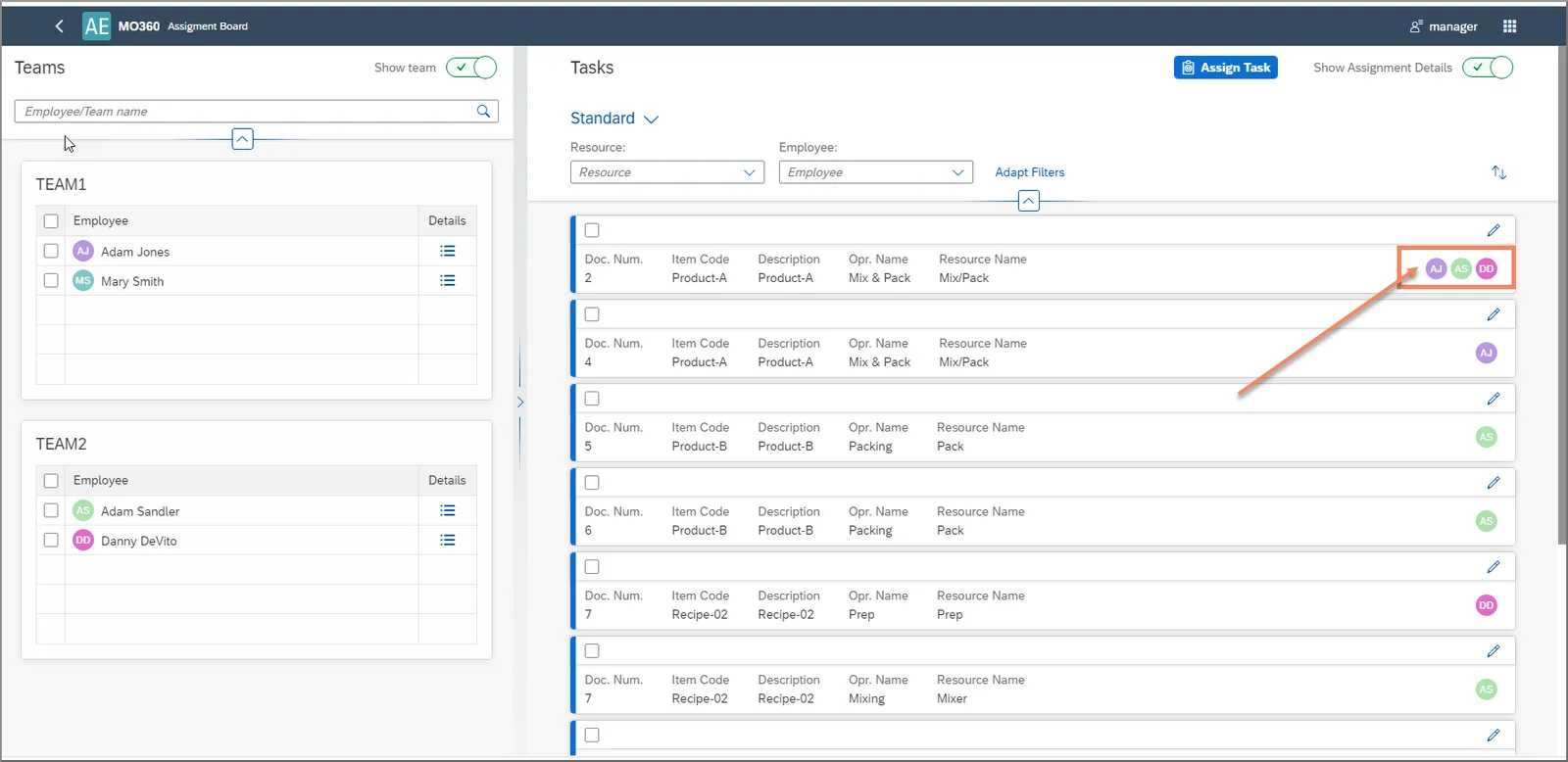 Manufacturing Order 360 Assignment Board with employee teams and tasks showing the assigned employees