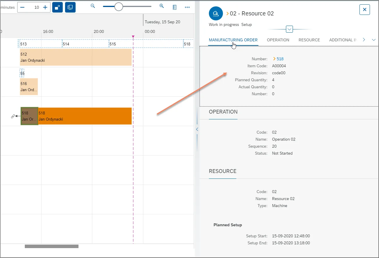Manufacturing Order 360 Gantt Chart with a details panel for the selected Manufacturing Order, operation, and resource