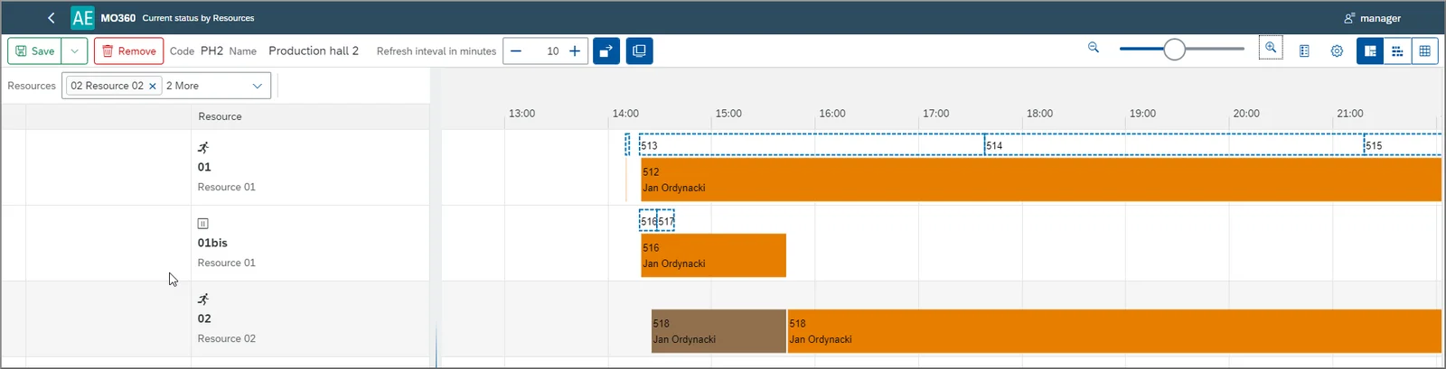 Manufacturing Order 360 Gantt Chart showing the current status of tasks by resource in a production hall