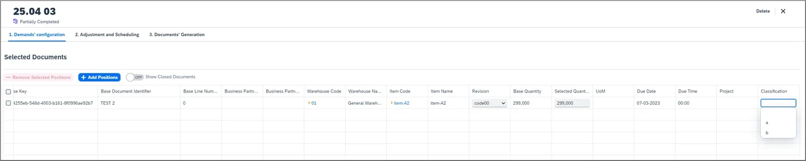 Selected Documents table with a value being chosen in the new Classification column