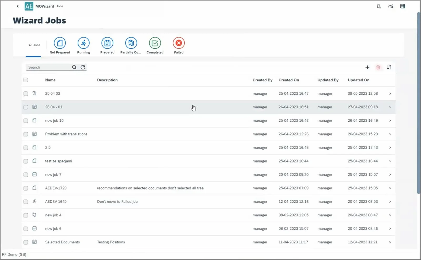 Wizard Jobs list with the Created On and Updated On columns