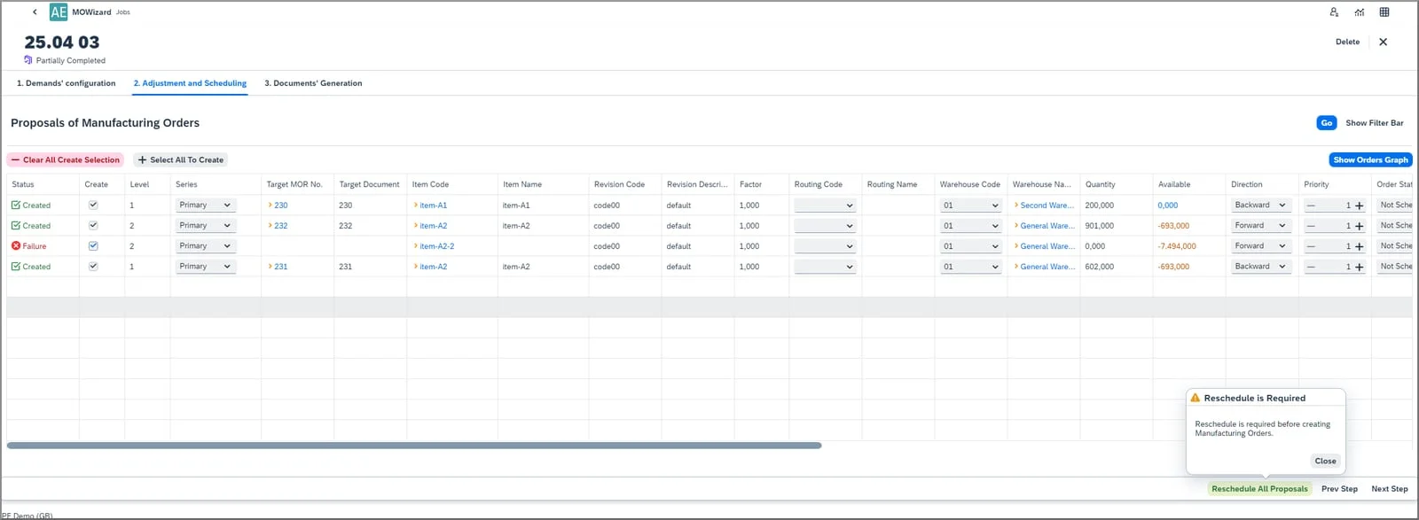Proposals of Manufacturing Orders with a Reschedule is Required notice and the Reschedule All Proposals button