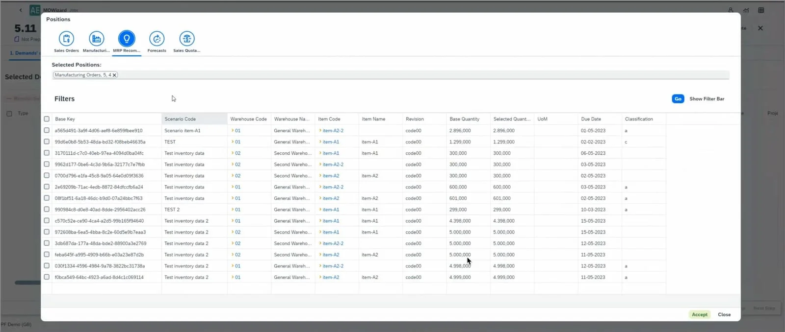 Positions dialog with tabs for Sales Orders, Manufacturing Orders, MRP Recommendations, Forecasts, and Sales Quotations