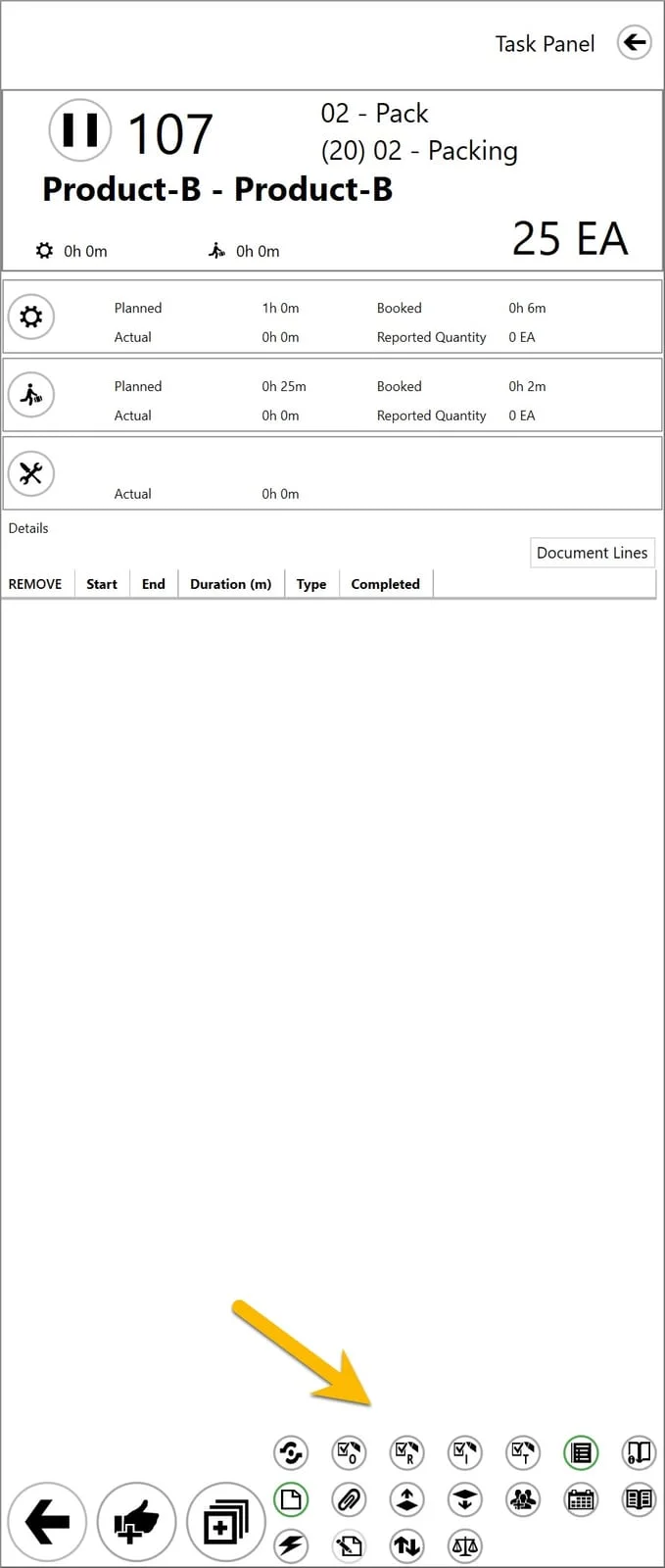 CompuTec PDC Task Panel with an arrow pointing to the enlarged area of user-specific buttons