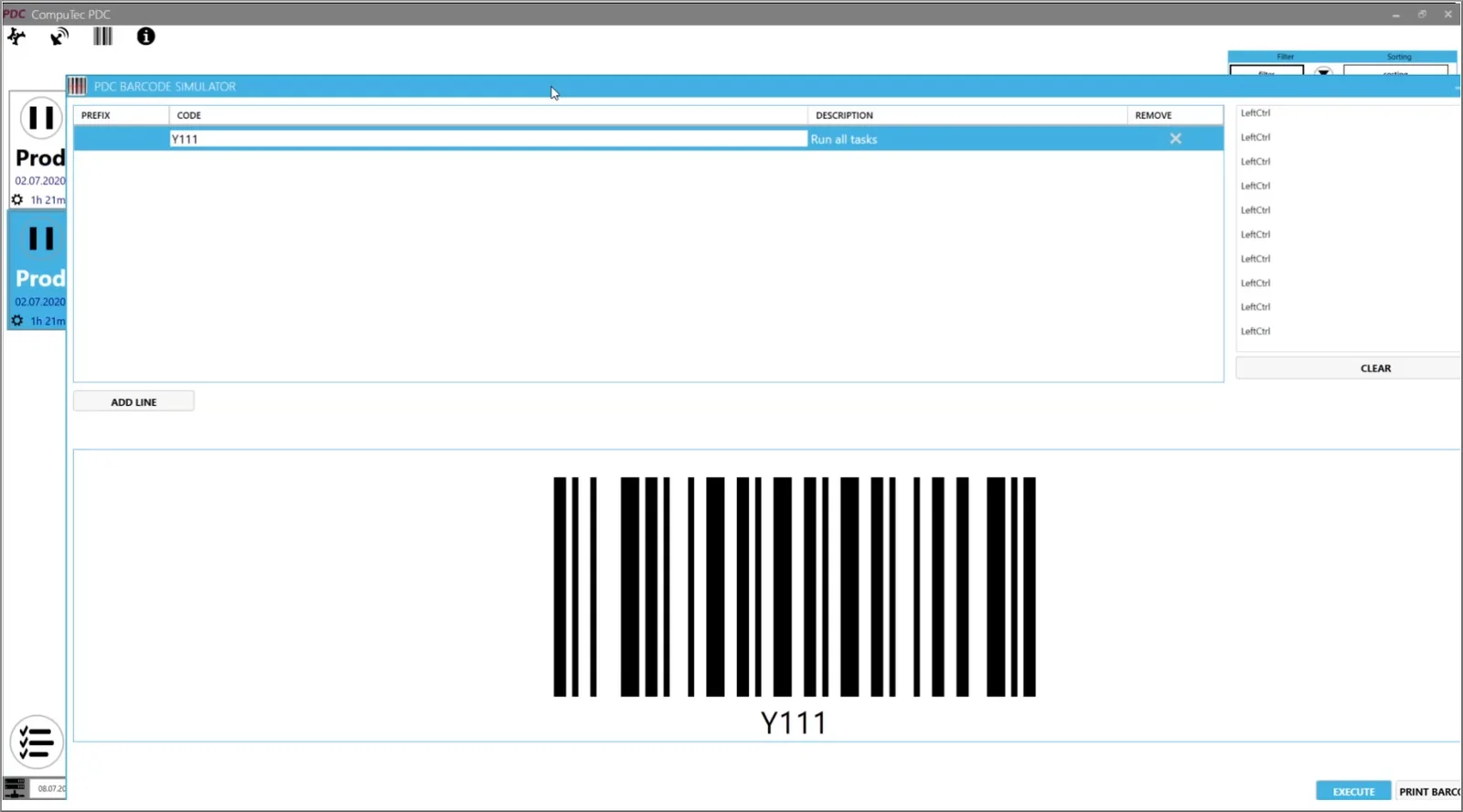 CompuTec PDC barcode simulator with a Run all tasks code and its generated barcode