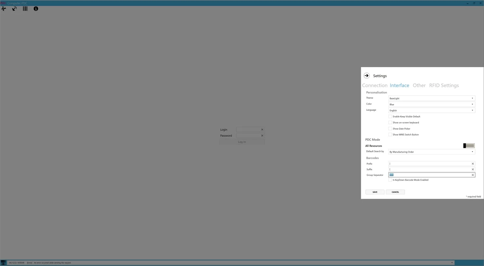 CompuTec PDC settings Interface tab with the barcode Prefix, Suffix, and Group Separator fields