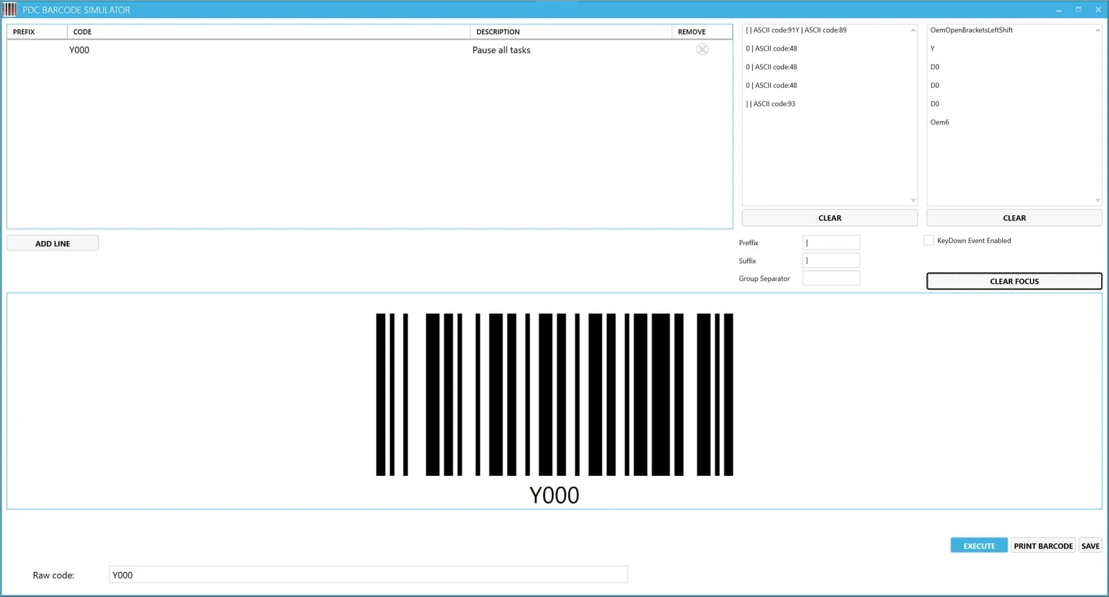 CompuTec PDC barcode simulator with a prefix and suffix applied to a pause-all-tasks barcode