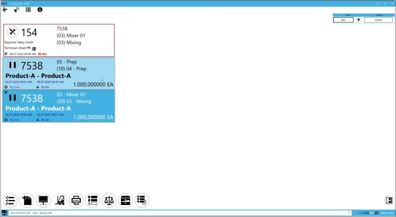 CompuTec PDC task list with a downtime tile showing the reporter, technician, and affected resource
