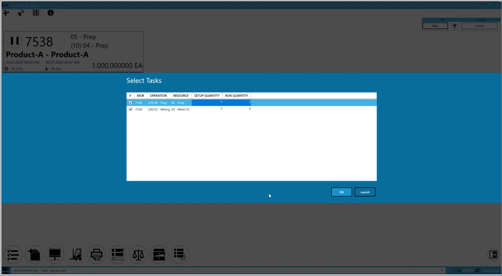 CompuTec PDC Select Tasks window listing open operations with setup and run quantities