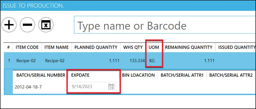 CompuTec PDC Issue to Production screen with the new UoM and expiry date columns highlighted