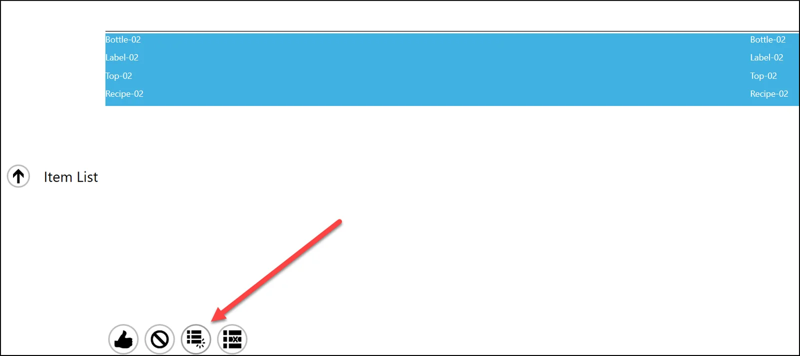 CompuTec PDC item list with all items selected and an arrow pointing to the select all button