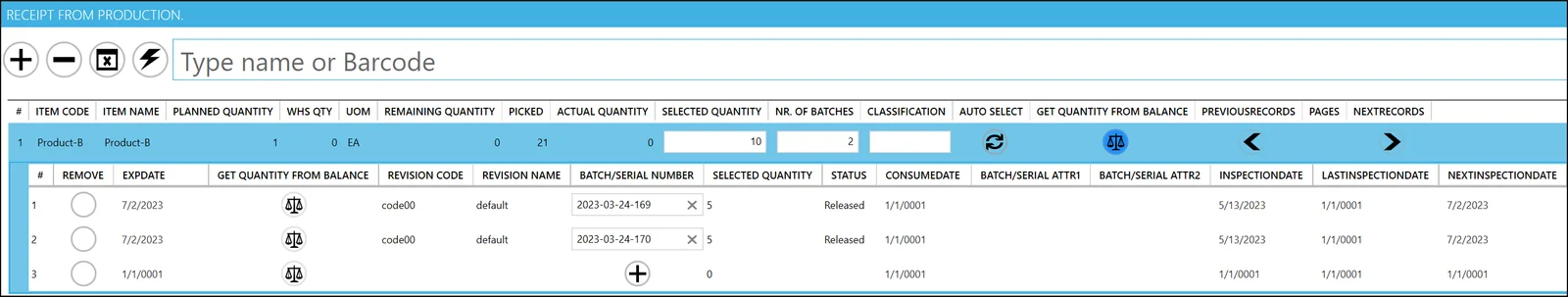 CompuTec PDC Receipt from Production screen with a quantity of 10 split into two generated batch lines