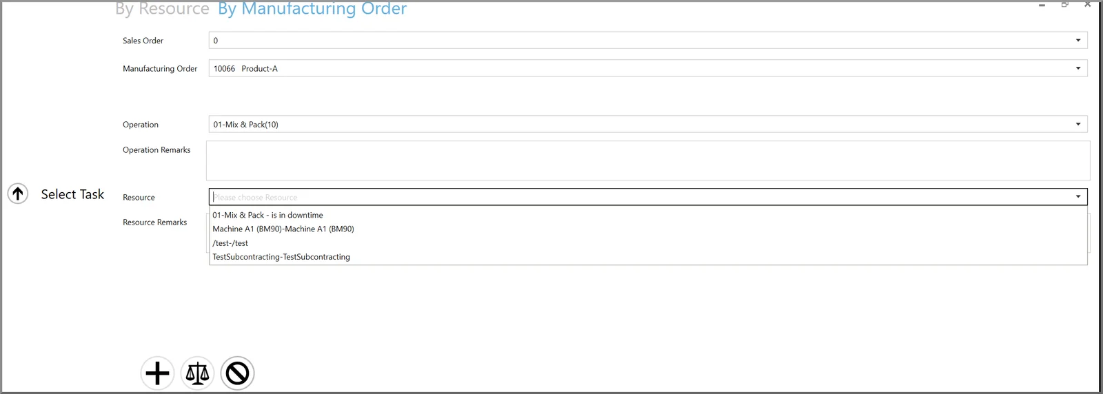 CompuTec PDC Select Task window with a resource marked as in downtime in the resource list