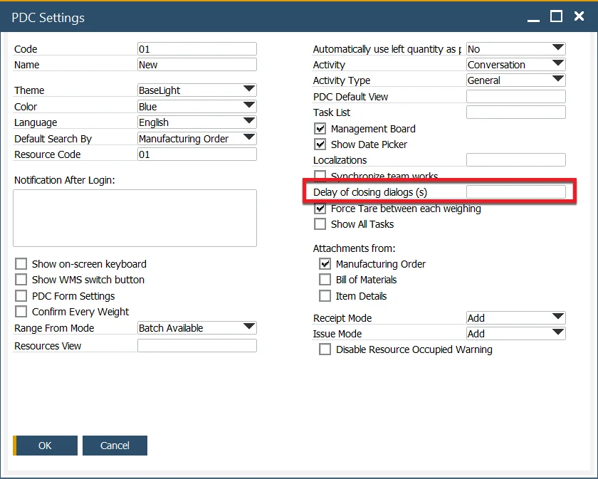 CompuTec PDC Settings form with the Delay of closing dialogs field highlighted