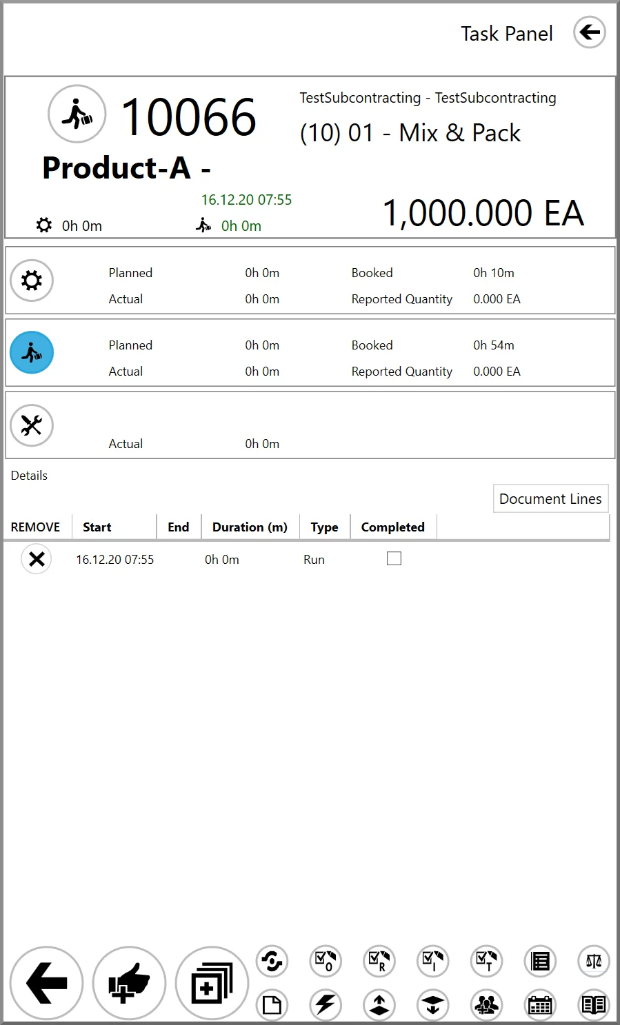 CompuTec PDC Task Panel booking labor time on a subcontracting resource for a Manufacturing Order operation