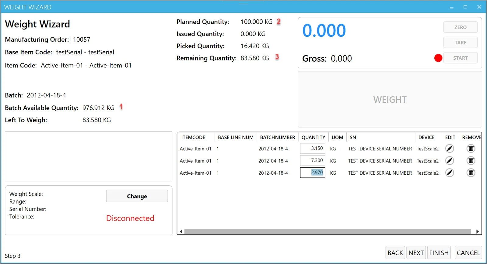 CompuTec PDC Weight Wizard showing batch available, planned, and remaining quantities for a Manufacturing Order