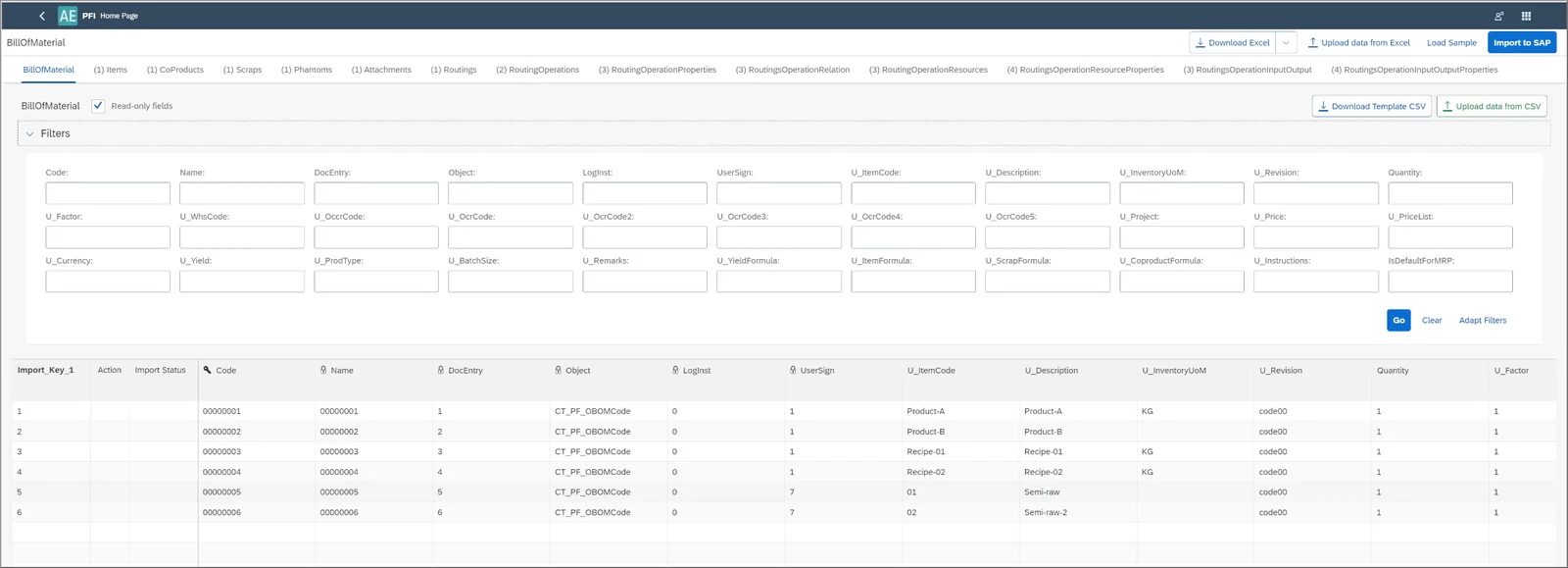 CompuTec PFI Bill of Materials import screen with filters, Excel and CSV upload buttons, and Import to SAP