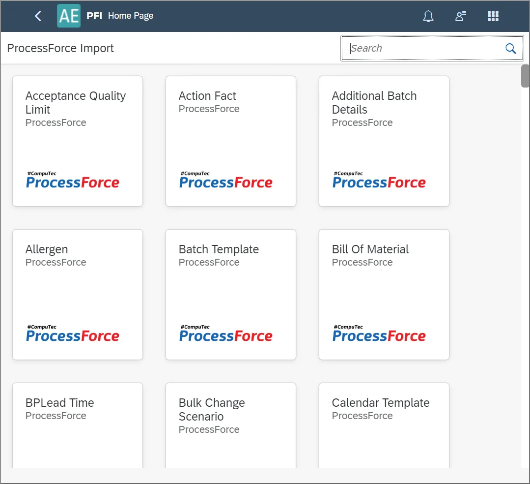 CompuTec PFI home page with tiles for CompuTec ProcessForce objects such as Allergen, Batch Template, and Bill of Materials