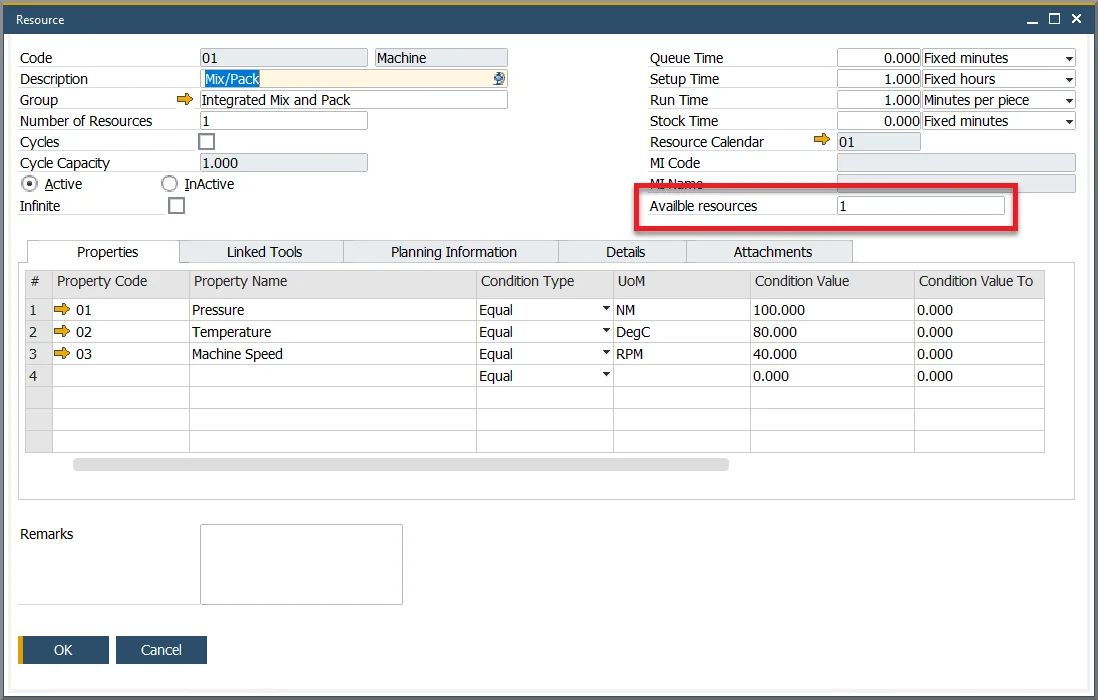 Resource Master Data with the available resources field highlighted