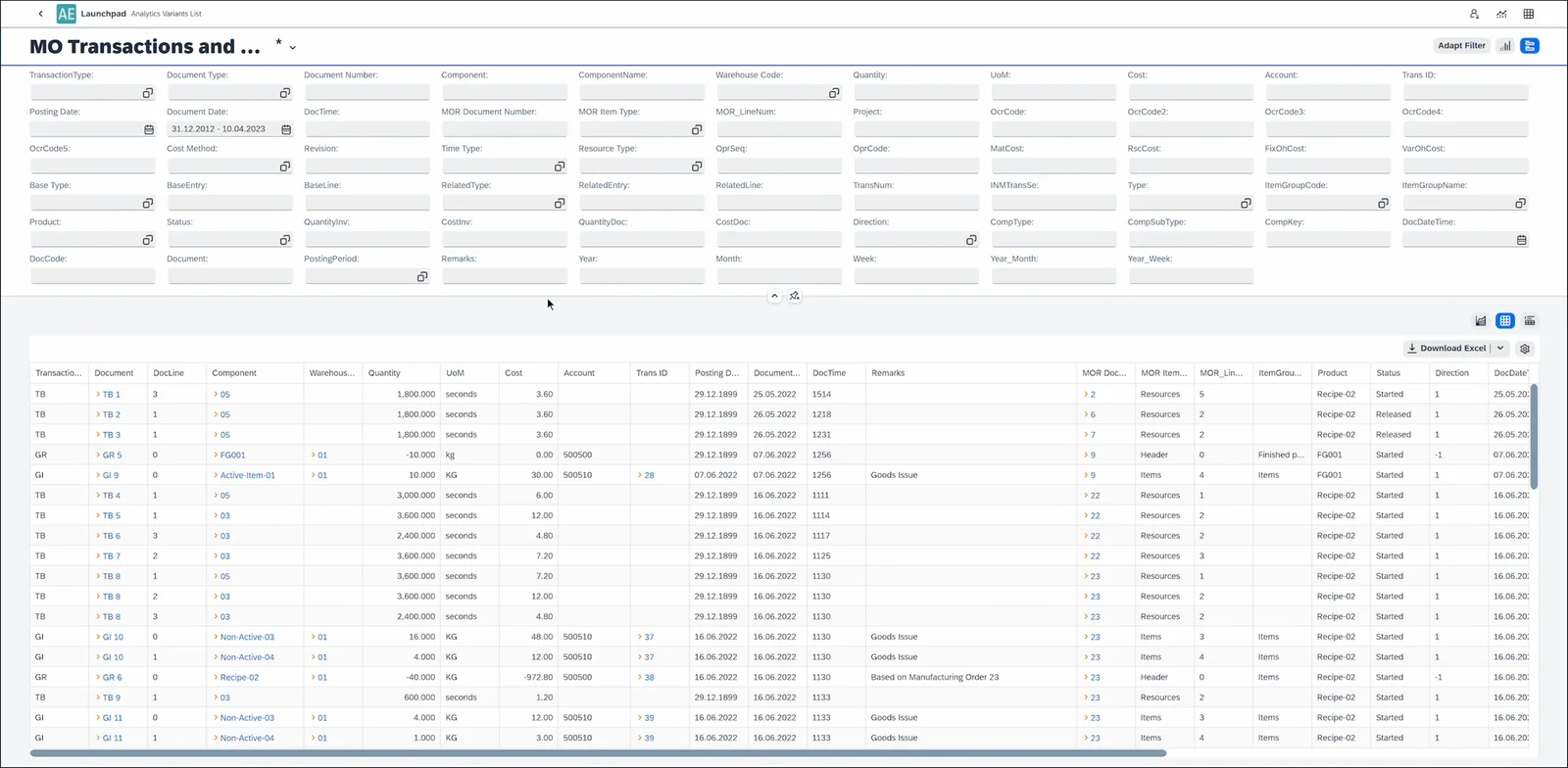 Manufacturing Order transactions report with a full filter bar above a table of transactions