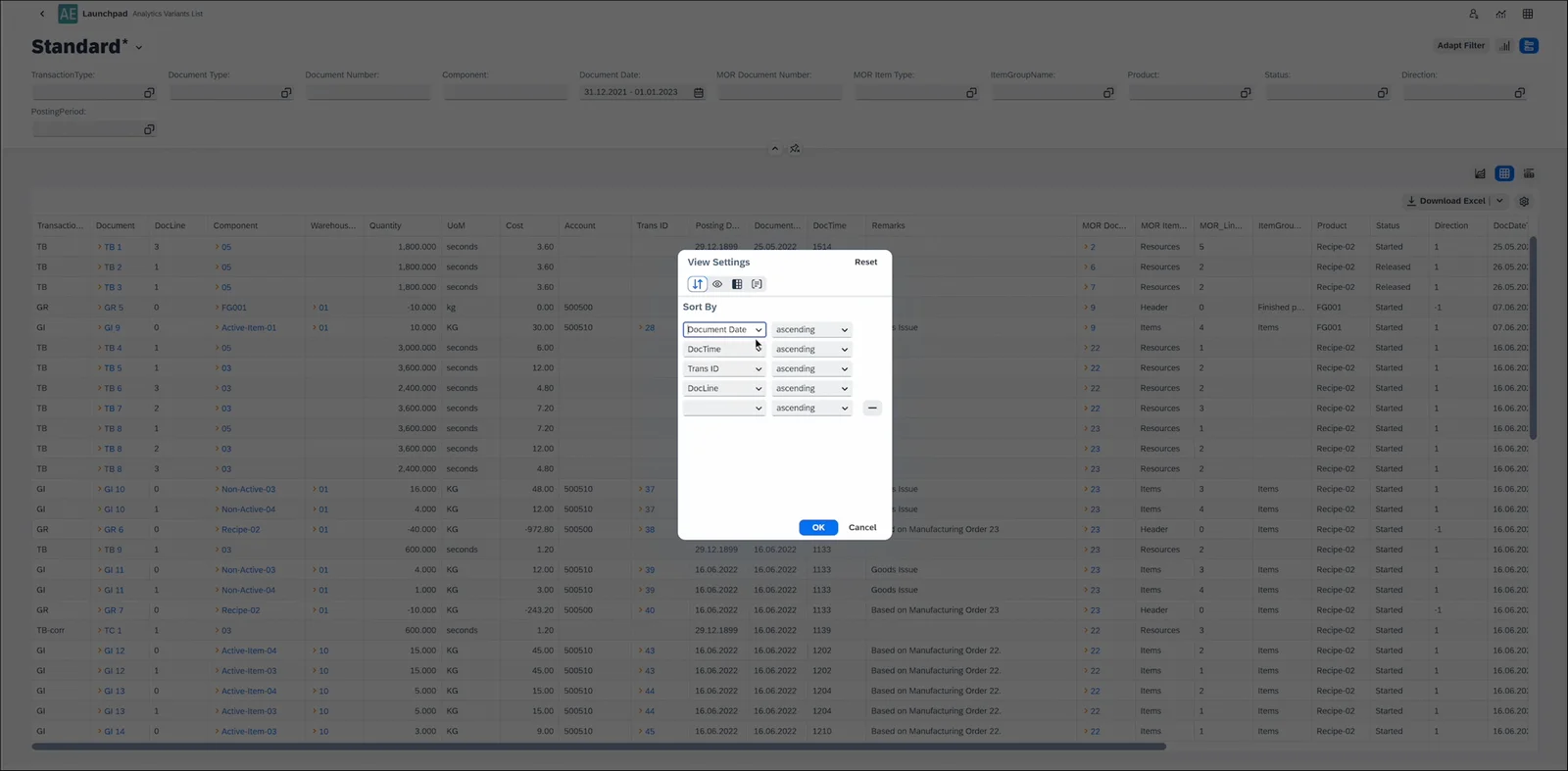 View Settings dialog sorting the report by Document Date, DocTime, Trans ID, and DocLine