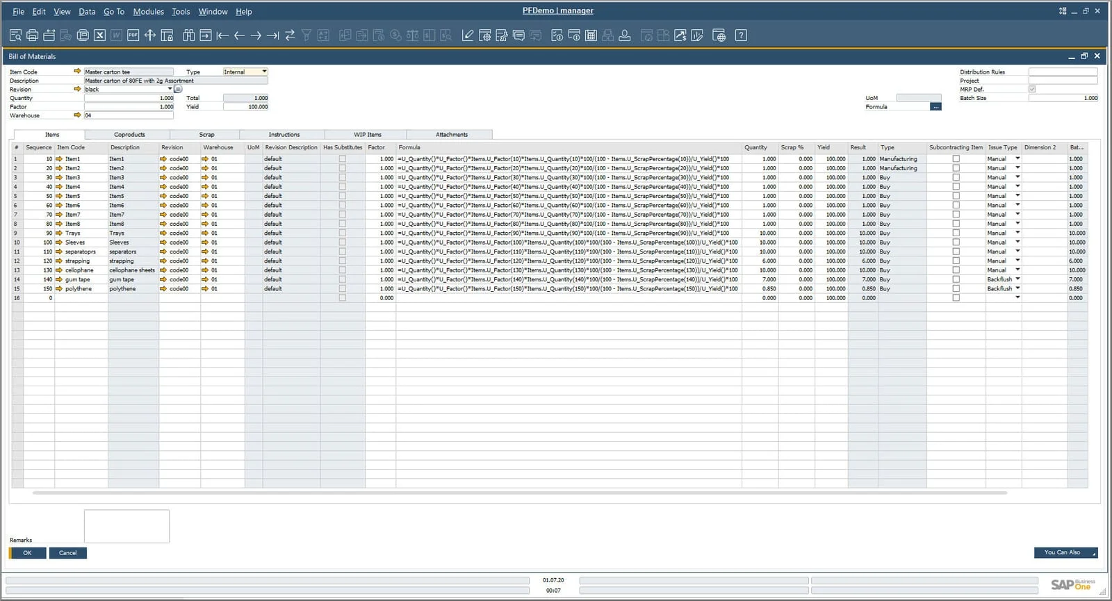 CompuTec ProcessForce Bill of Materials form with items, quantities, formulas, and issue types