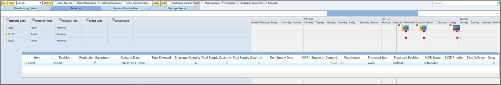 CompuTec ProcessForce Gantt Chart with shortage markers on Manufacturing Orders and a floating panel listing the shortages