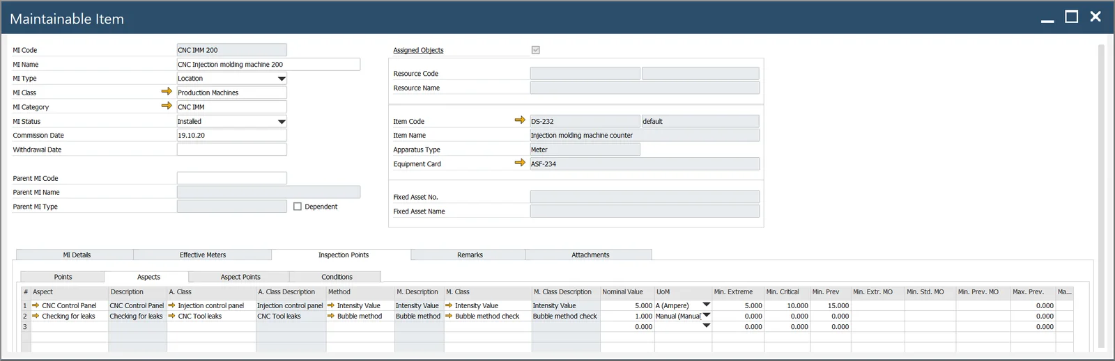 Maintainable Item Inspection Points tab listing Aspects of a CNC injection molding machine