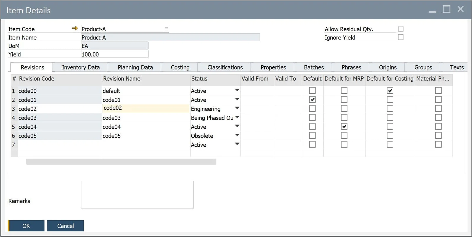 Item Details form, Revisions tab, listing six Revisions of one item with their statuses and default flags