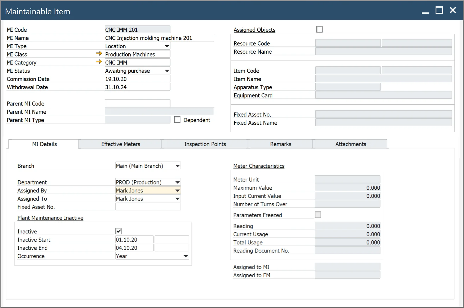 CompuTec ProcessForce Maintainable Item for a CNC injection molding machine, MI Details tab