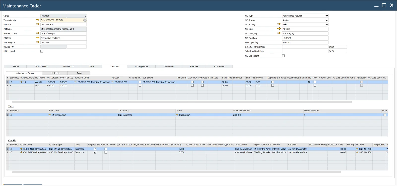 Maintenance Order Child MOs tab listing a child Maintenance Order with its tasks and checklist