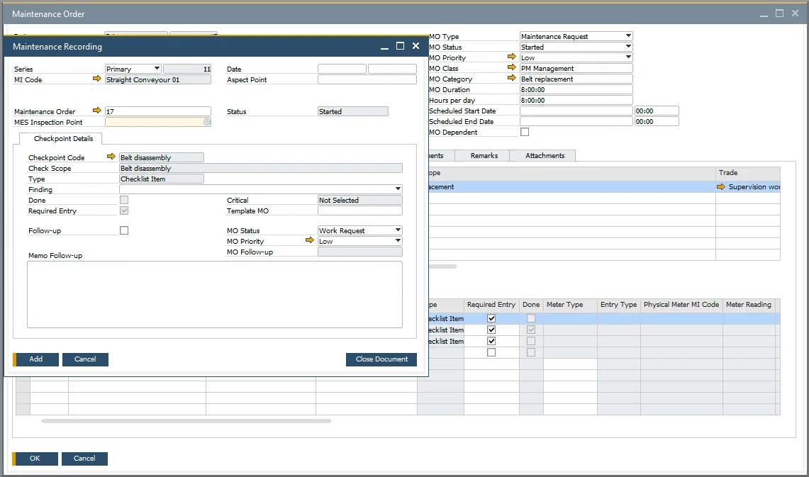 Maintenance Recording form open over a Maintenance Order for a belt replacement