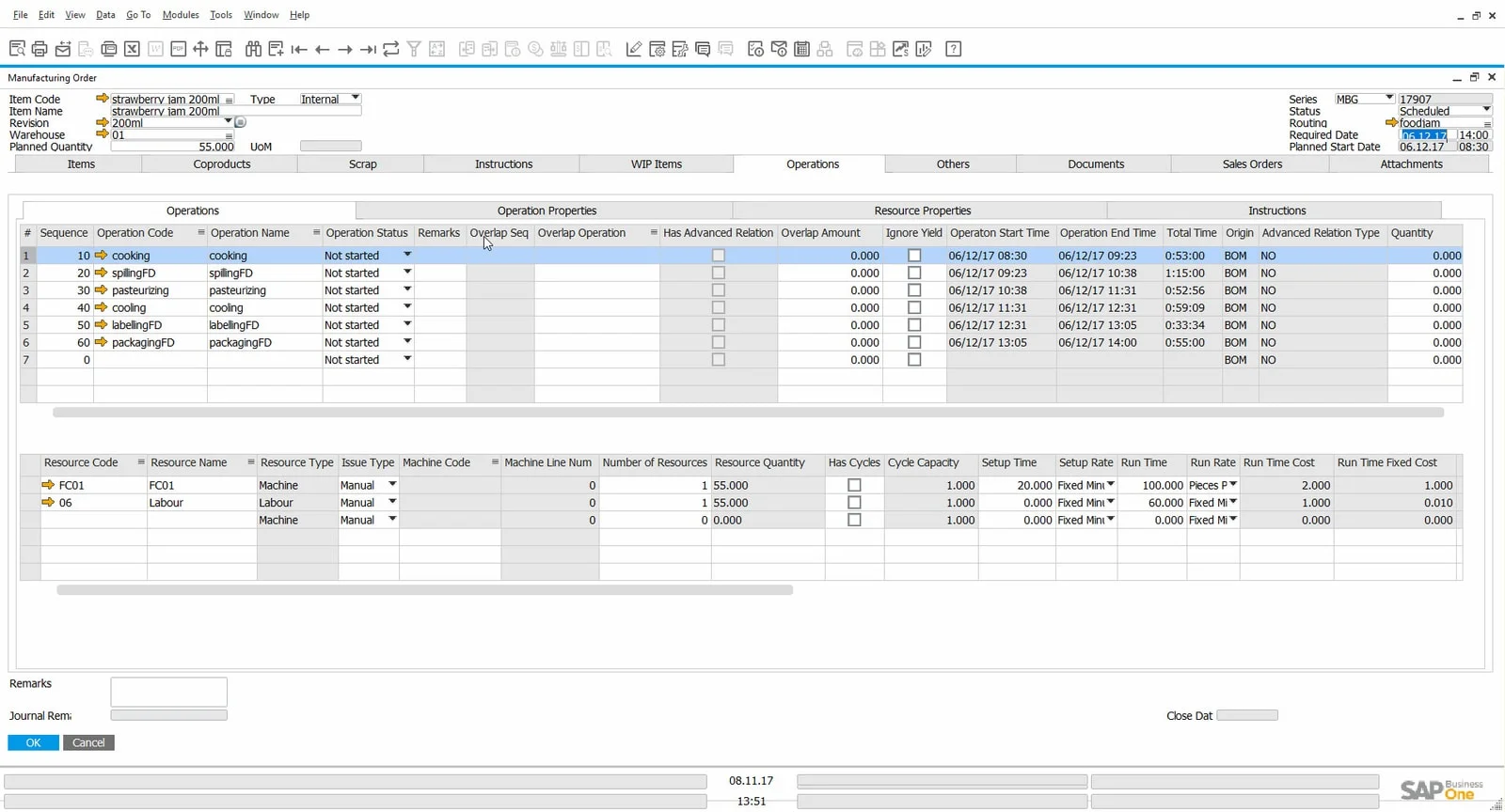 Manufacturing Order Operations tab with the scheduled start and end time of each operation and the resources assigned to it