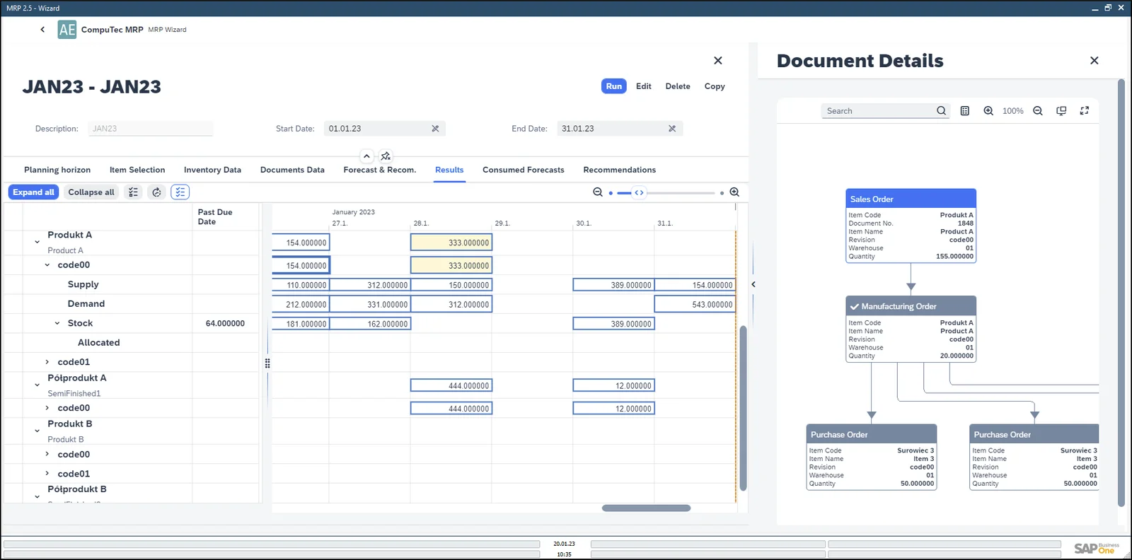 CompuTec ProcessForce MRP II Wizard results by item and Revision with the document details tree for a Sales Order